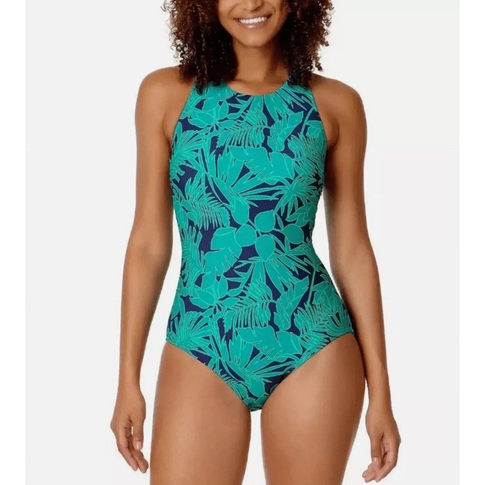 NEW W TAG Women’s High-Neck green and blue Floral Tropical One-Piece Swimsuit